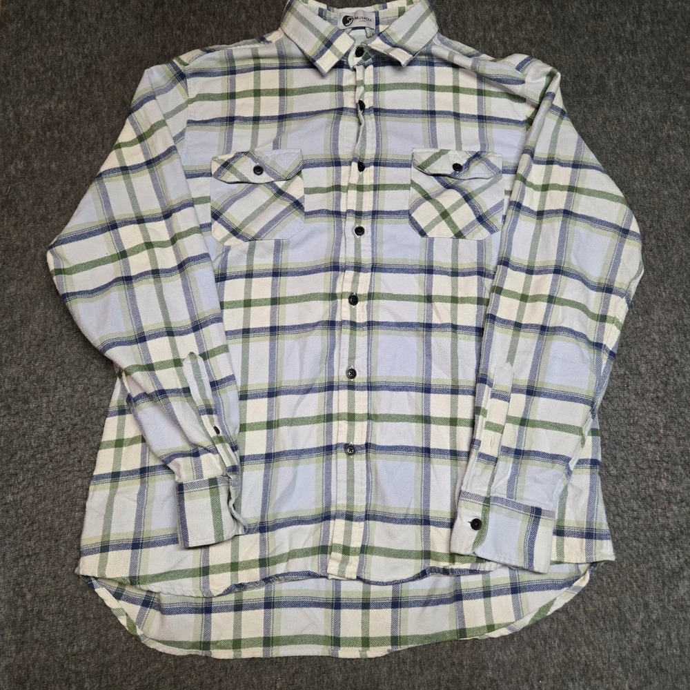 MuskOx Flannel Shirt Mens XXL(Fits XL) Green Blue Plaid Long Sleeve Heavy Cotton